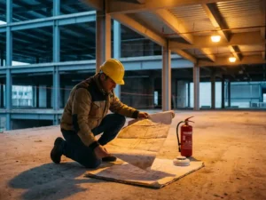 Fire safety inspector in hard hat reviewing building blueprint on concrete floor beside a red fire extinguisher and smoke detector.