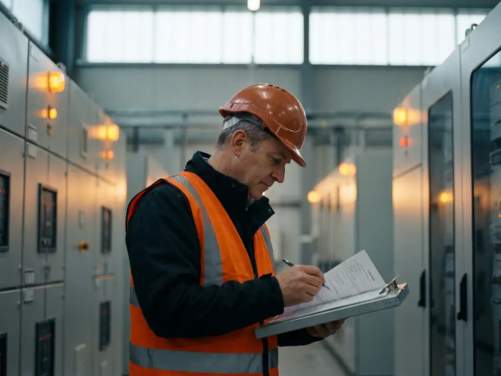 Fire safety inspector in high-visibility vest reviewing assessment checklist on clipboard inside industrial facility with switchgear cabinets.