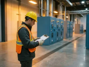 Fire safety inspector in a hard hat reviewing a compliance checklist inside an industrial facility with electrical switchgear cabinets.