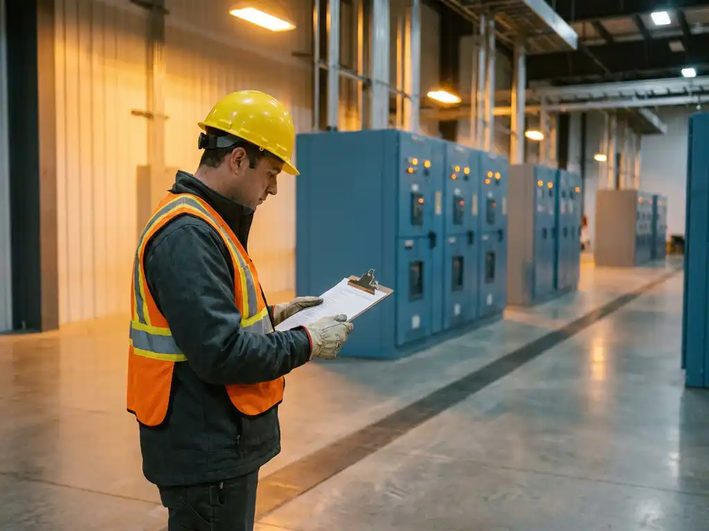 Fire safety inspector in a hard hat reviewing a compliance checklist inside an industrial facility with electrical switchgear cabinets.