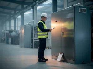 Fire safety inspector in a hard hat reviewing an industrial electrical cabinet on a European factory floor with clipboard nearby.