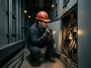 Fire safety inspector in hard hat examining scorched wiring inside industrial electrical switchgear cabinet with flashlight in dim corridor.