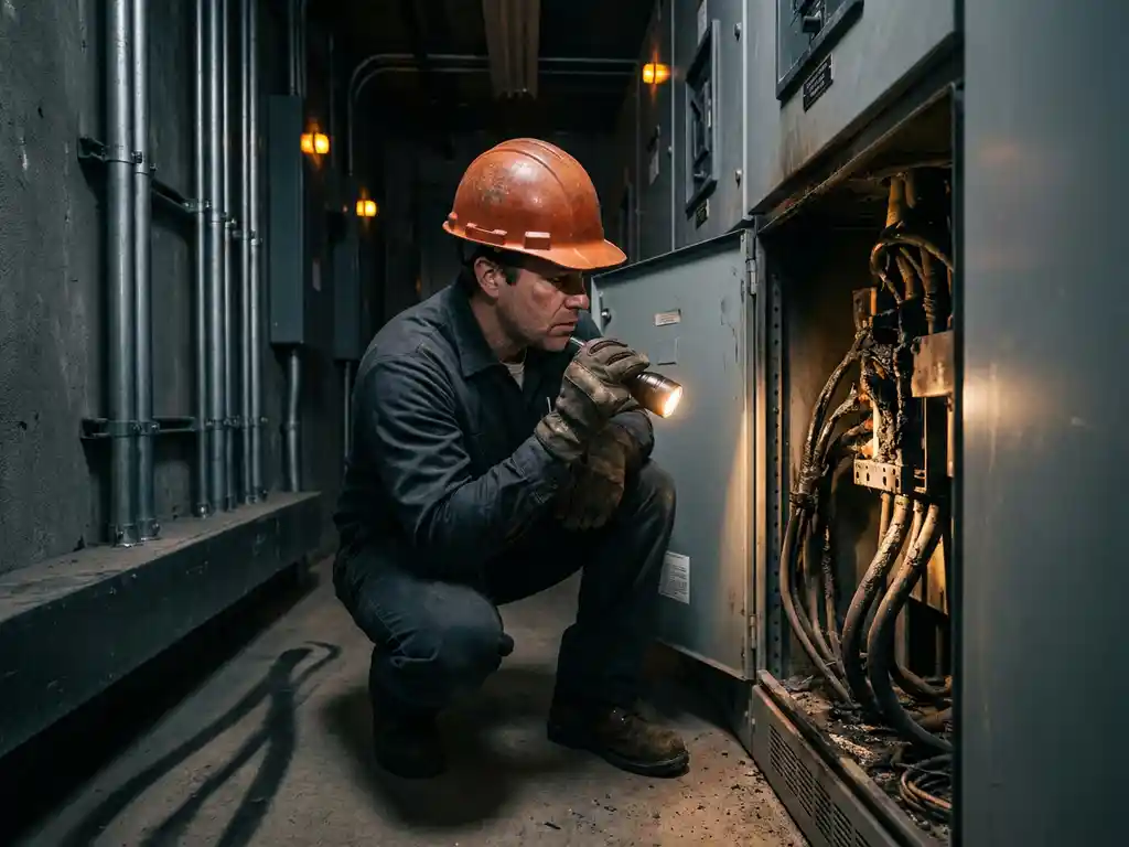 Fire safety inspector in hard hat examining scorched wiring inside industrial electrical switchgear cabinet with flashlight in dim corridor.