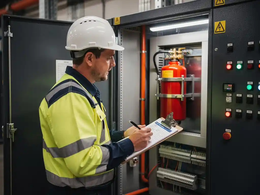 Fire safety technician in a white hard hat inspecting a suppression system inside an open industrial electrical cabinet while holding a checklist.