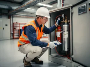 Fire safety technician in a white hard hat inspecting a nitrogen suppression unit inside an open industrial electrical cabinet.