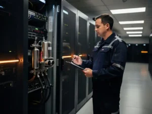Fire safety technician inspecting an open server cabinet with a mounted suppression unit in a modern data center corridor.