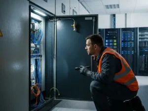 Fire safety technician inspecting open industrial switchgear cabinet with suppression nozzle visible inside a modern server room.