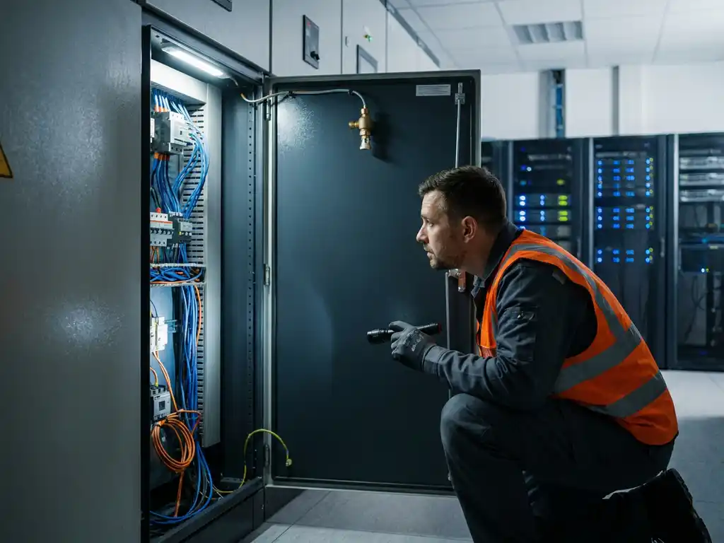 Fire safety technician inspecting open industrial switchgear cabinet with suppression nozzle visible inside a modern server room.