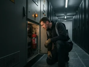 Fire safety technician inspecting open industrial switchgear cabinet with suppression unit in a data center corridor.