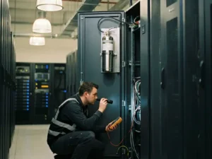Fire safety technician inspecting wiring inside an open industrial switchgear cabinet with a nitrogen suppression unit in a data center corridor.