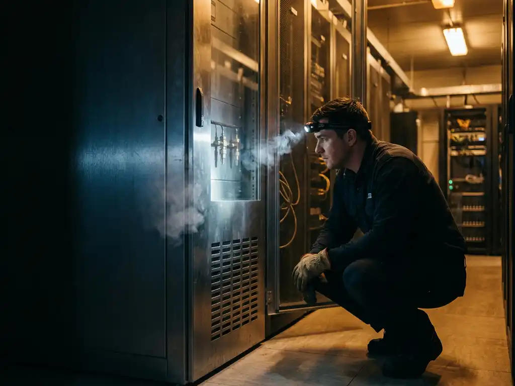 Fire safety technician inspecting industrial switchgear cabinet with smoke near vents and nitrogen suppression nozzles visible inside.