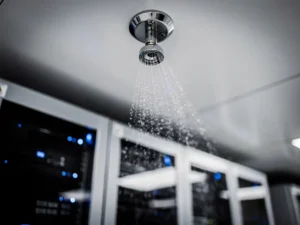 Chrome fire sprinkler head on white ceiling releasing water mist over a modern server room with black equipment racks below.