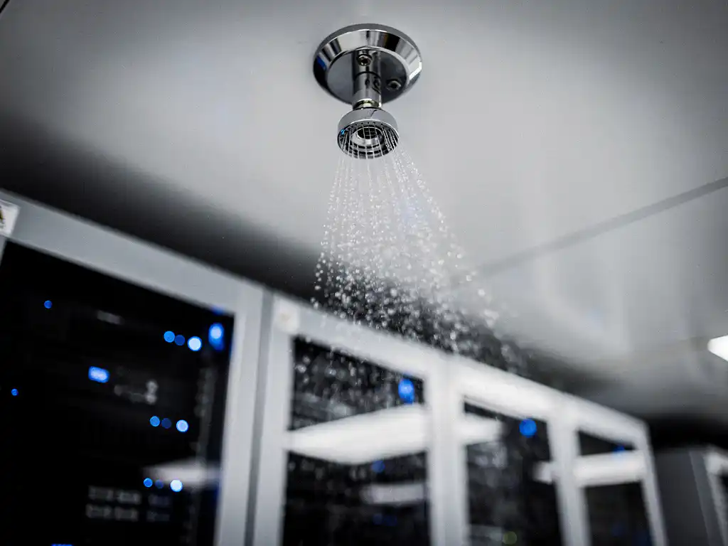 Chrome fire sprinkler head on white ceiling releasing water mist over a modern server room with black equipment racks below.