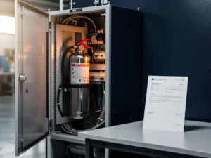 Fire suppression canister inside an open electrical cabinet beside an insurance policy document on a desk, highlighting critical infrastructure protection.
