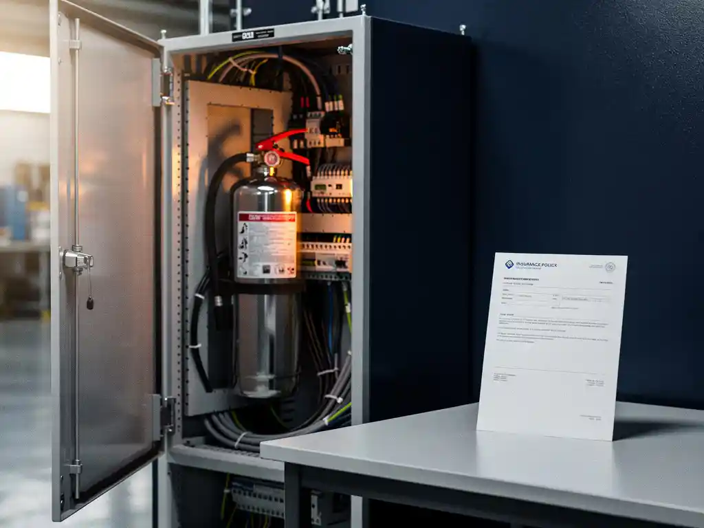 Fire suppression canister inside an open electrical cabinet beside an insurance policy document on a desk, highlighting critical infrastructure protection.