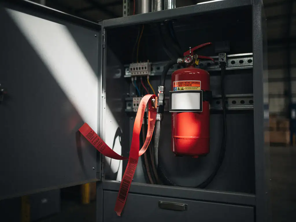 Fire suppression system inside open electrical cabinet with loose red warning tape on unlatched door and missing certification label.