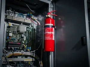Red fire suppression canister mounted inside an open electrical cabinet with dense server wiring and faint smoke curl nearby.