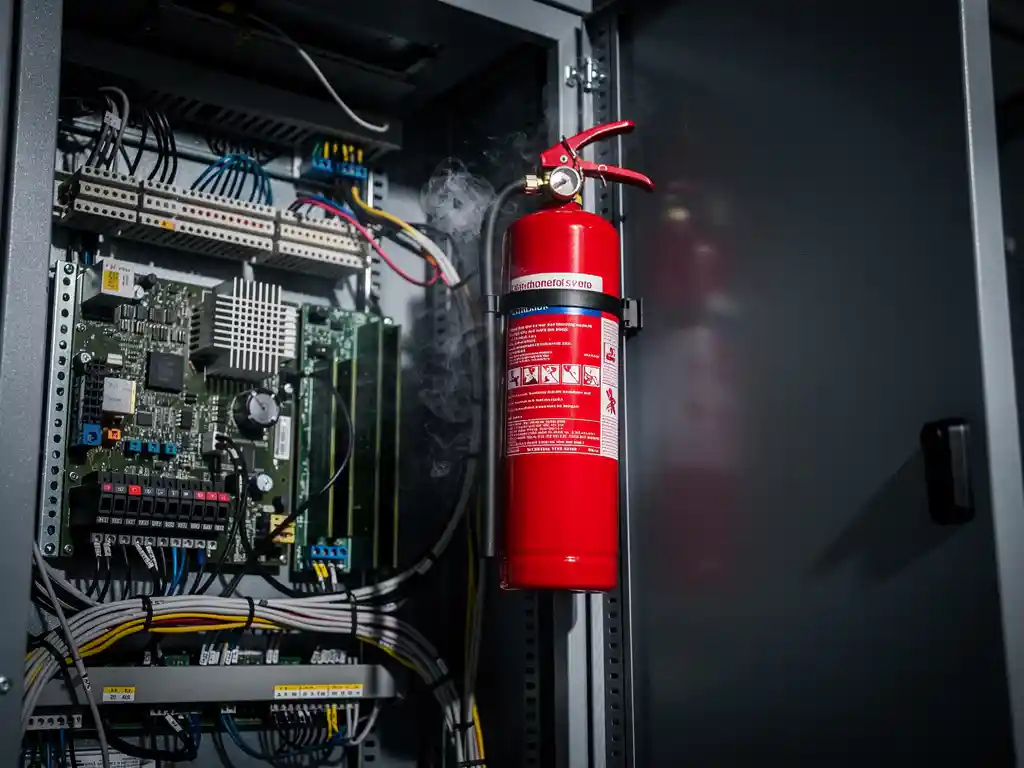 Red fire suppression canister mounted inside an open electrical cabinet with dense server wiring and faint smoke curl nearby.