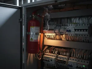 Fire suppression canister mounted in open electrical cabinet with copper wiring, circuit breakers, and faint smoke near components.