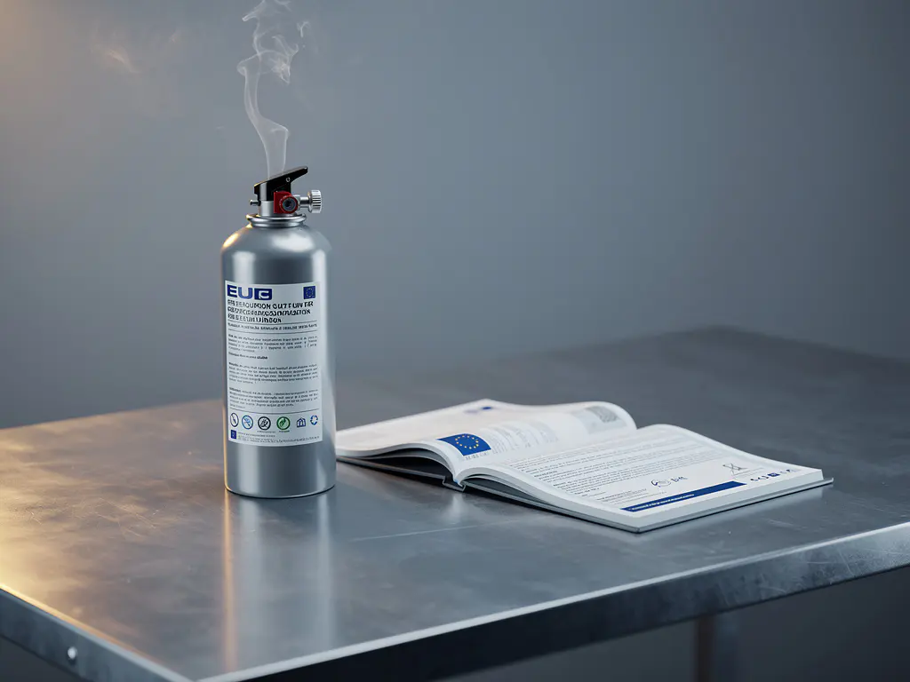 Fire suppression canister beside an open EU regulatory document on industrial steel, with nitrogen vapor rising in a controlled environment.