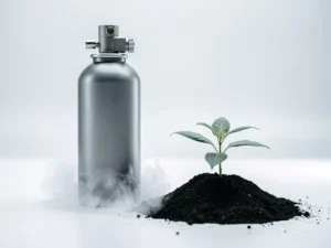 Steel grey fire suppression canister on white surface beside a small green seedling, cool mist diffusing at its base.