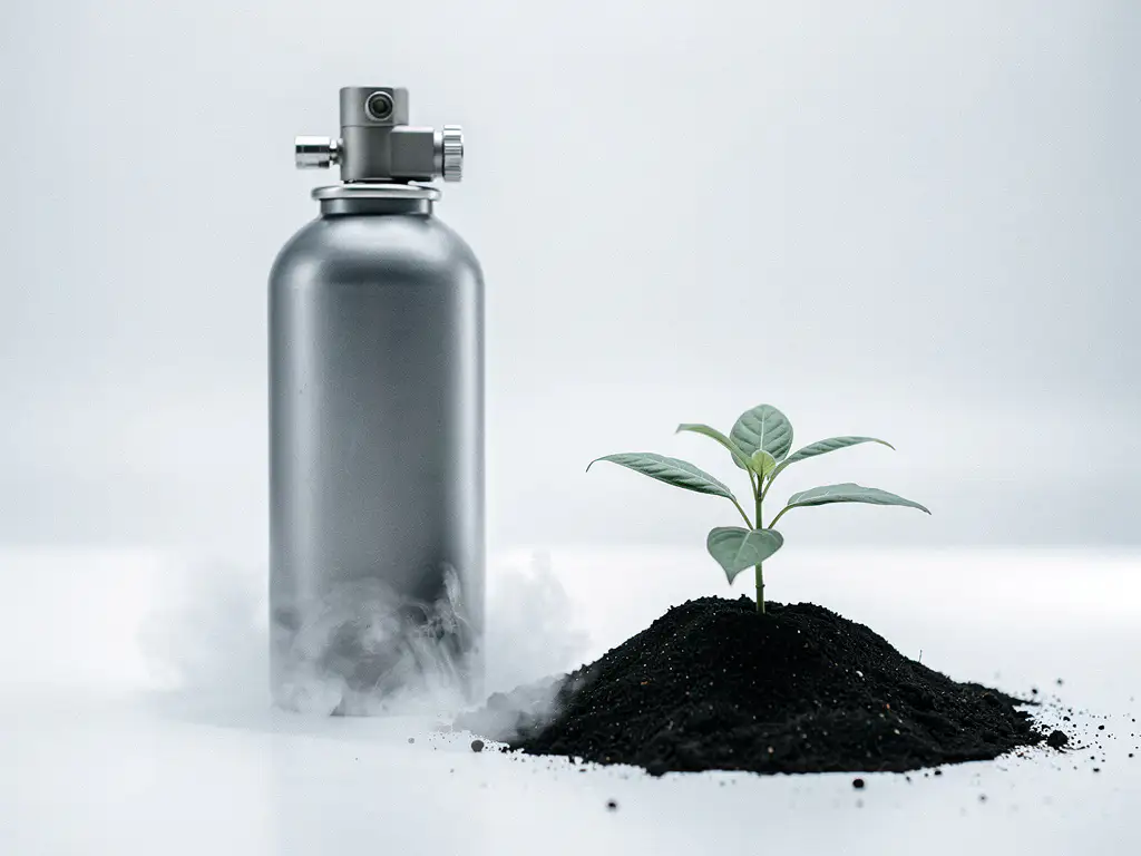 Steel grey fire suppression canister on white surface beside a small green seedling, cool mist diffusing at its base.