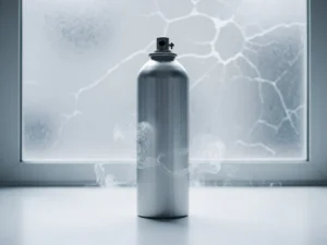 Silver fire suppression canister on a white lab surface with wisps of dissipating gas and frosted glass panel in the background.