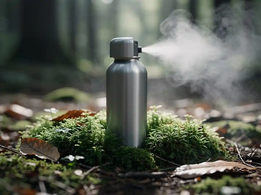 Fire suppression canister resting on green moss and leaves, with nitrogen mist drifting through a forest floor setting.
