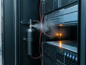 Fire suppression canister mounted in an open server rack, detection tubes routed between equipment panels, faint nitrogen gas dissipating nearby.