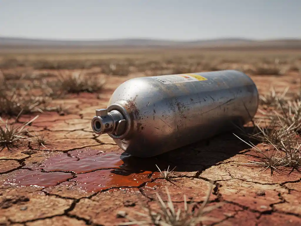 Spent fire suppression canister on its side, toxic residue staining cracked dry soil, dead grass and parched earth in background.