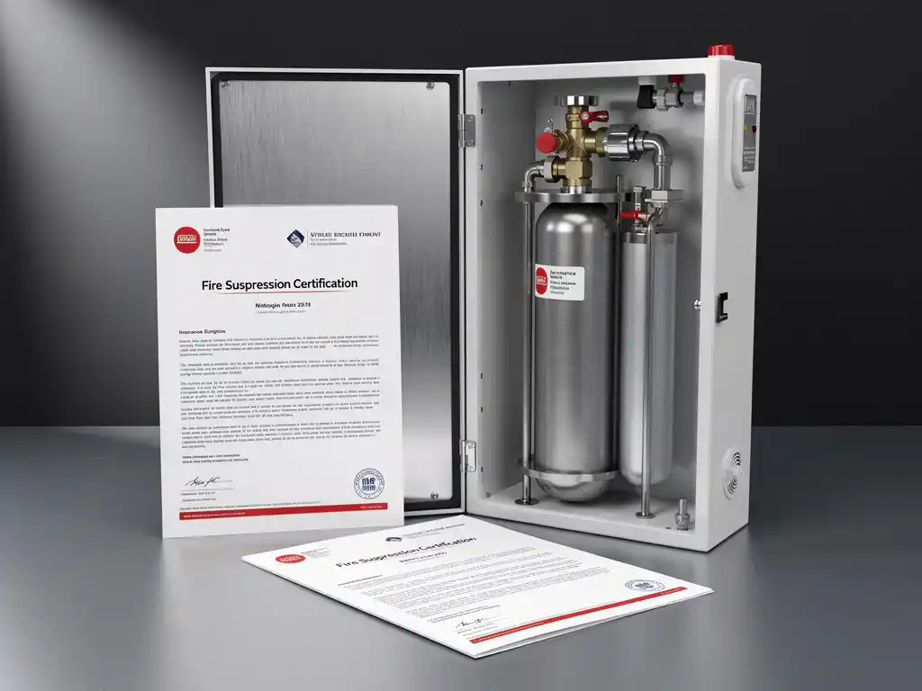 Fire suppression certification document beside a nitrogen suppression unit inside a metal electrical cabinet, overlapping an insurance policy folder.