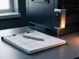 Open compliance binder with inspection checklists and pen on industrial desk beside a server cabinet fire suppression unit.