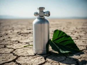 Fire suppression cylinder on cracked dry earth beside a green leaf, contrasting industrial safety equipment with environmental fragility.
