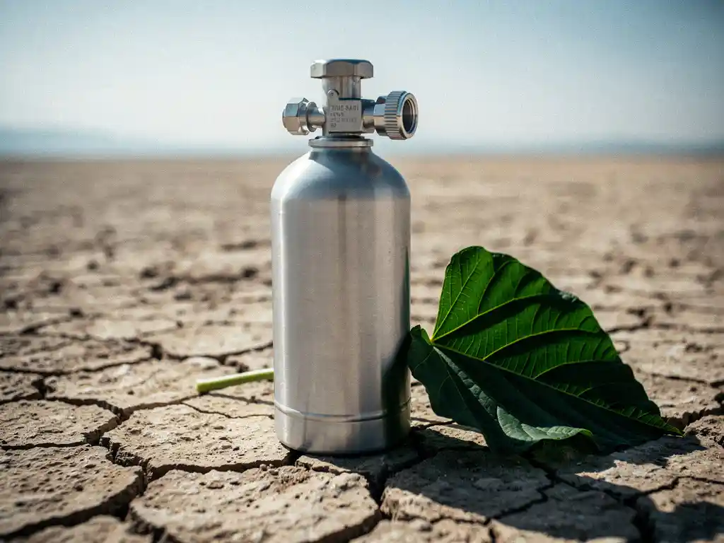 Fire suppression cylinder on cracked dry earth beside a green leaf, contrasting industrial safety equipment with environmental fragility.