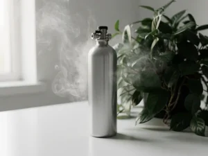 Steel fire suppression cylinder beside a green plant on a white surface, with nitrogen mist rising in soft studio light.