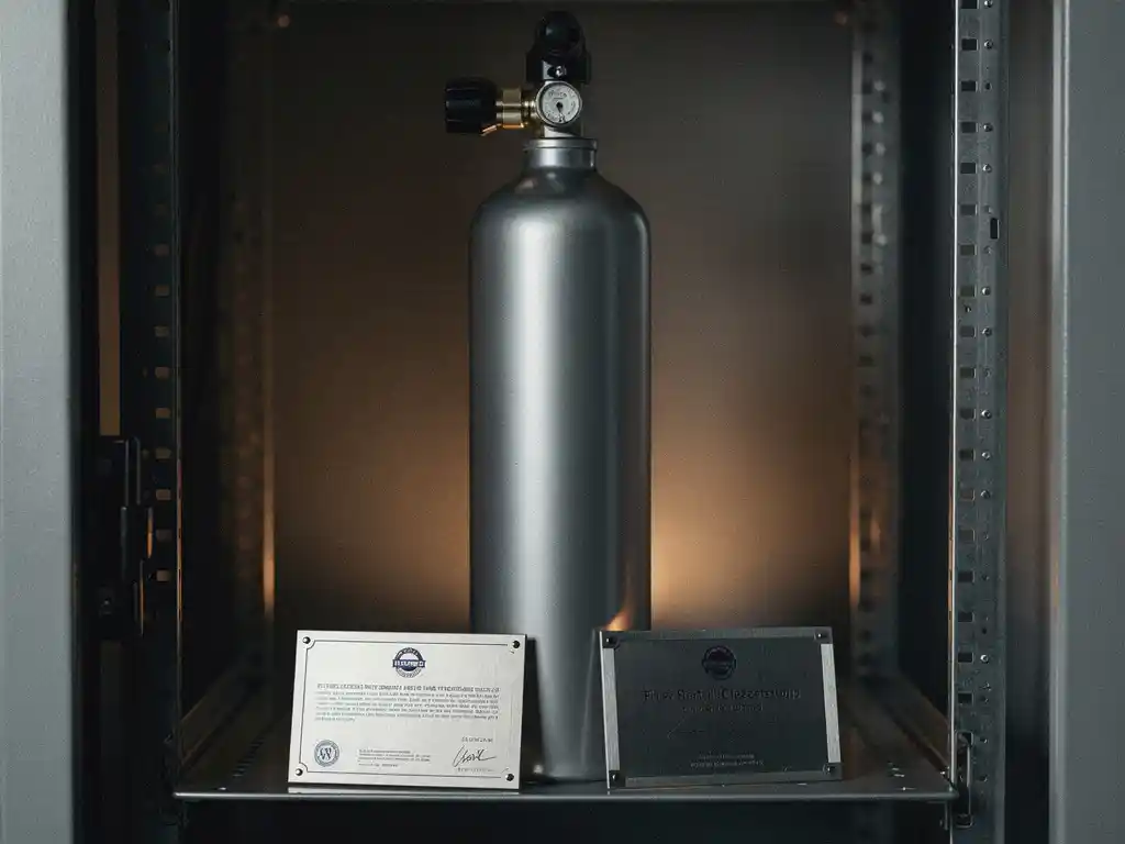 Fire suppression cylinder mounted in an open server cabinet above two certification plaques on a metal rack shelf.