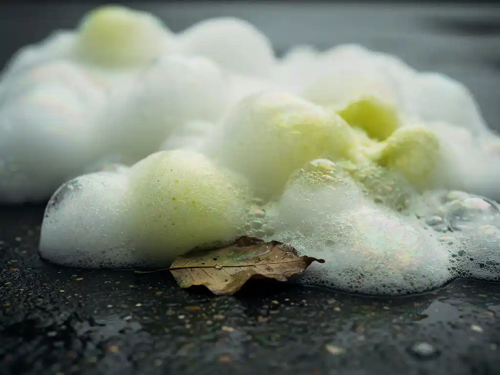 White fire suppression foam pooling on wet concrete with an iridescent chemical sheen and a single dead leaf at its edge.