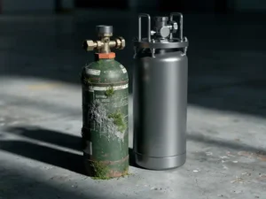Old moss-covered fire suppression canister with chemical residue beside a clean modern nitrogen gas suppression unit on concrete floor.