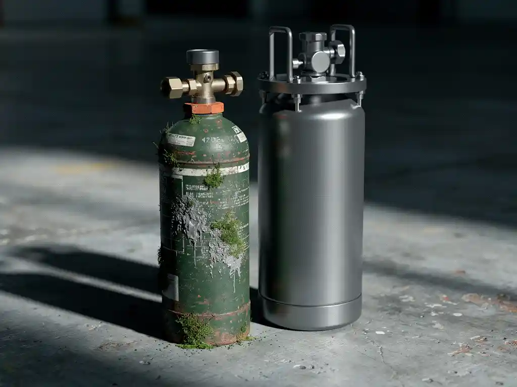 Old moss-covered fire suppression canister with chemical residue beside a clean modern nitrogen gas suppression unit on concrete floor.