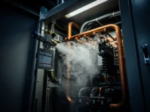 Fire suppression nozzle dispensing nitrogen gas inside an open industrial switchgear cabinet with copper busbars and a compliance certification tag.