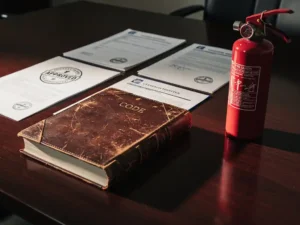 Weathered leather codebook open beside a red fire suppression cylinder, surrounded by certification stamps and testing documents on a conference table.