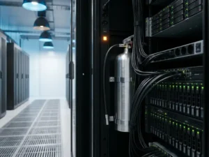 Fire suppression canister mounted inside an open server rack cabinet, surrounded by black servers with green indicator lights in a modern data center.