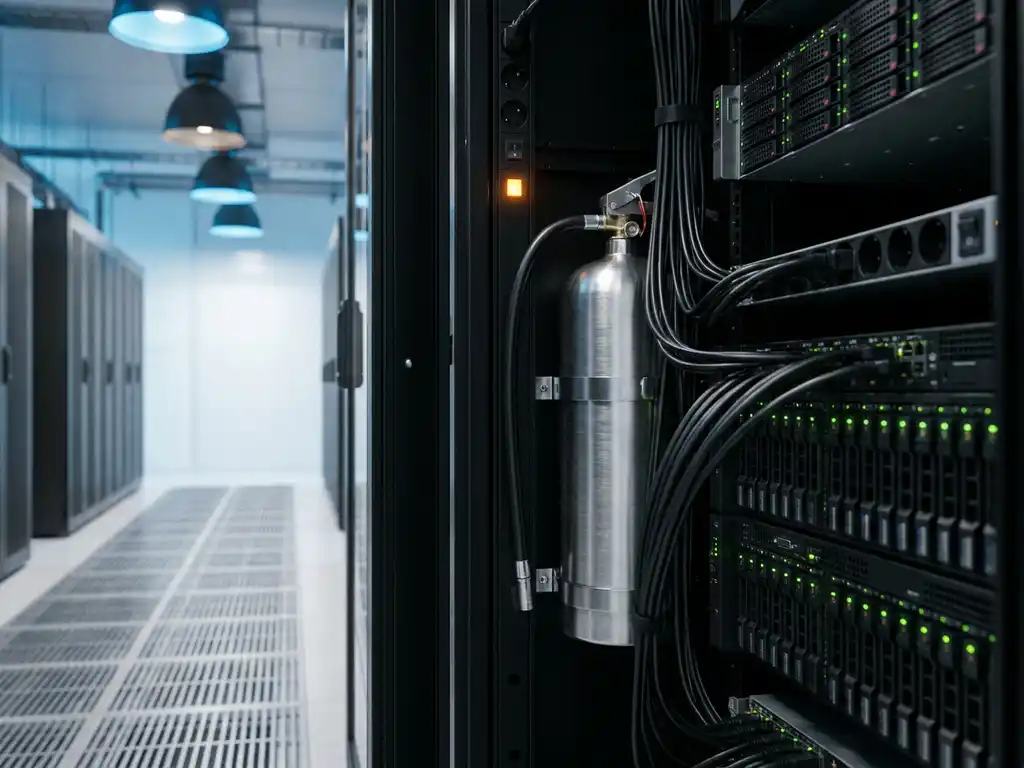 Fire suppression canister mounted inside an open server rack cabinet, surrounded by black servers with green indicator lights in a modern data center.