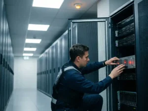 Fire safety technician installing a suppression unit inside an open server cabinet in a data center corridor.