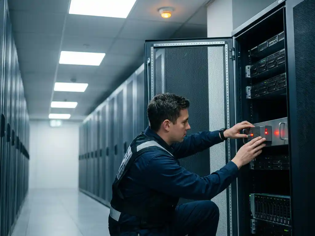 Fire safety technician installing a suppression unit inside an open server cabinet in a data center corridor.