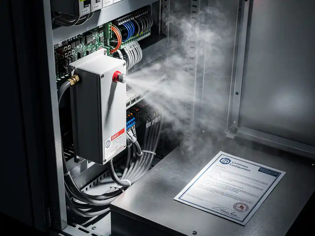 Certified fire suppression unit mounted in open industrial electrical cabinet, nitrogen gas dispersing around server components, certification document on steel surface nearby.