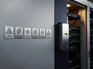 Certification plaques and stamped metal approval badges mounted on an industrial wall beside a fire suppression unit inside an open server cabinet.