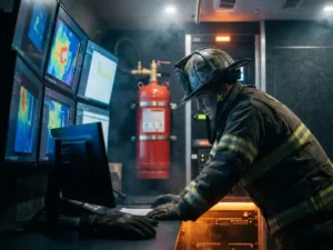 Firefighter in full gear reviewing fire behavior data on glowing blue monitors inside a darkened command center with a suppression cylinder mounted on the wall.