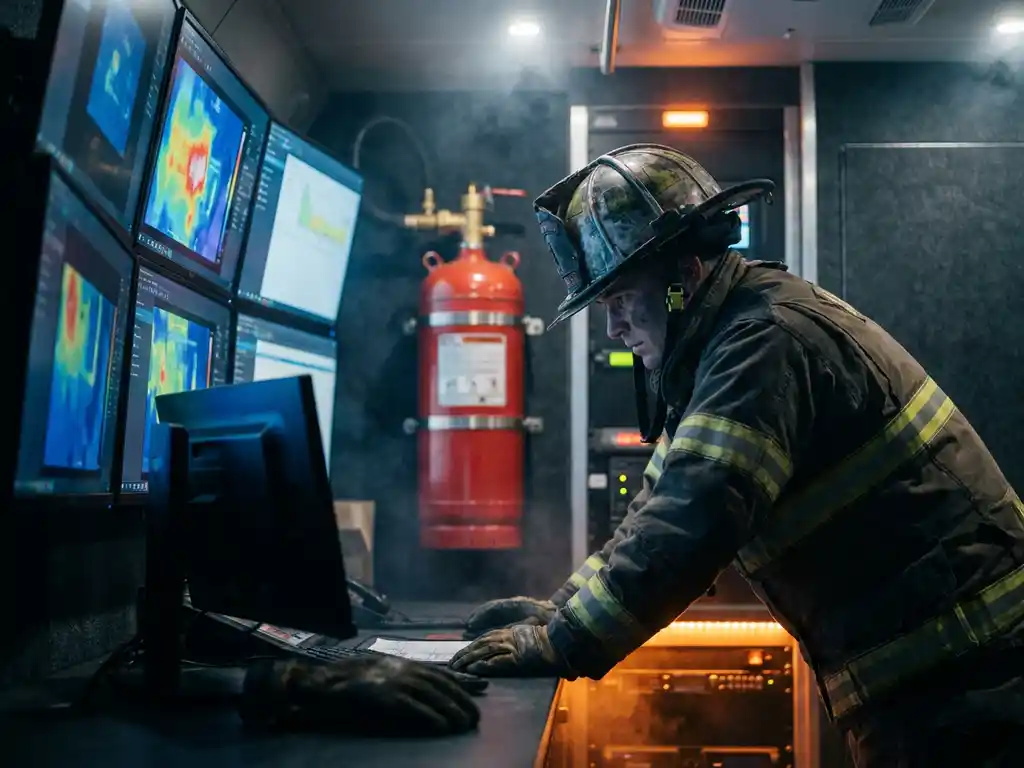 Firefighter in full gear reviewing fire behavior data on glowing blue monitors inside a darkened command center with a suppression cylinder mounted on the wall.