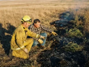 Firefighter and community member kneeling together at a controlled burn line in dry grassland, studying scorched earth in golden afternoon light.